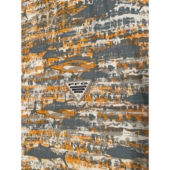 Columbia Shirt Men Size L Orange & Gray Fish Pattern PFG Button Up Fishing Shirt - Picture 5 of 10